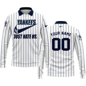 New York Yankees - Navy & White - Custom Name - Long Sleeve Polo Shirt