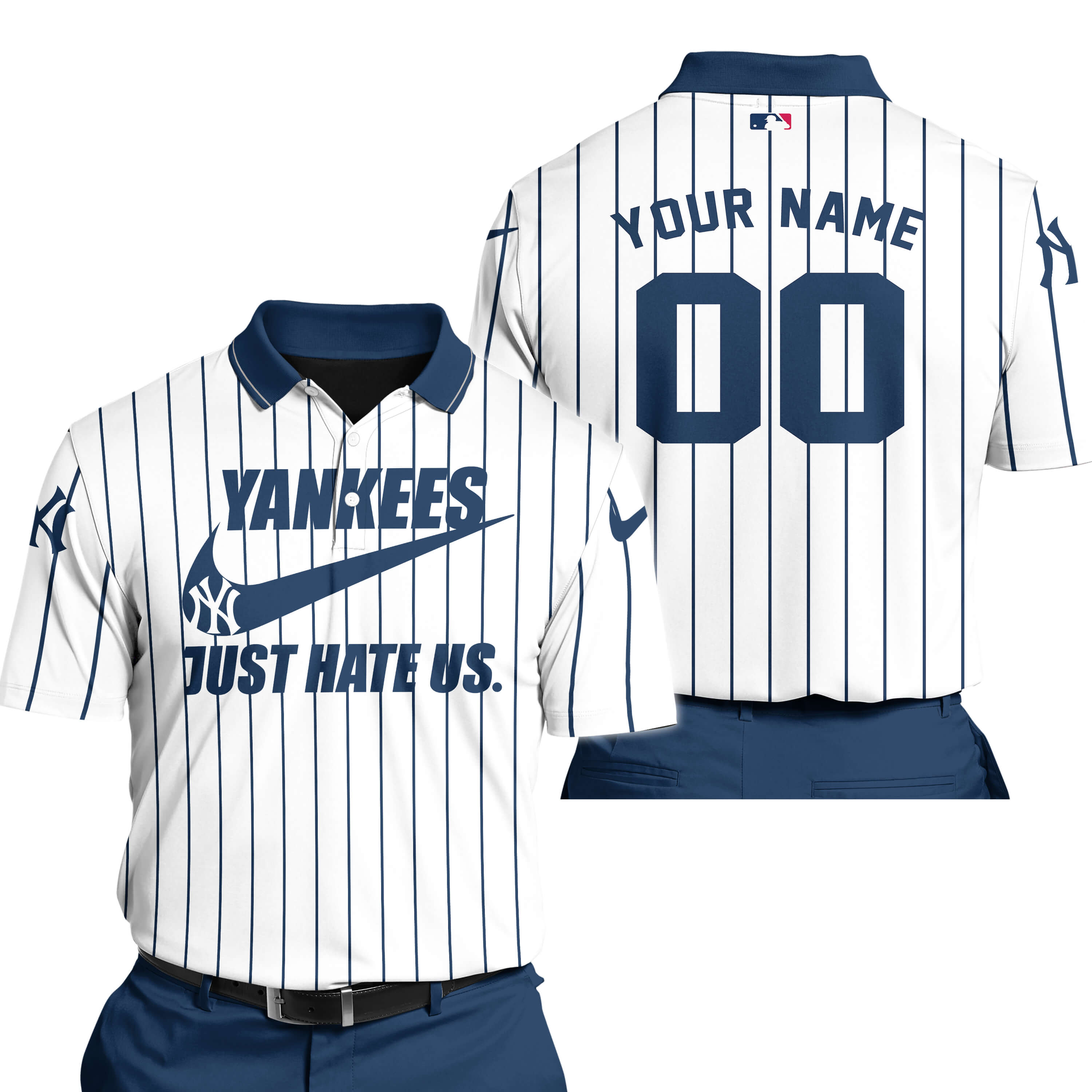 New York Yankees - Navy & White - Custom Name - Polo Shirt